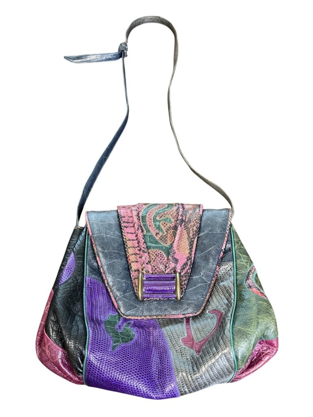 Sharif Vintage Patchwork Leather Shoulder Bag Purple Gray Adjustable-Strap